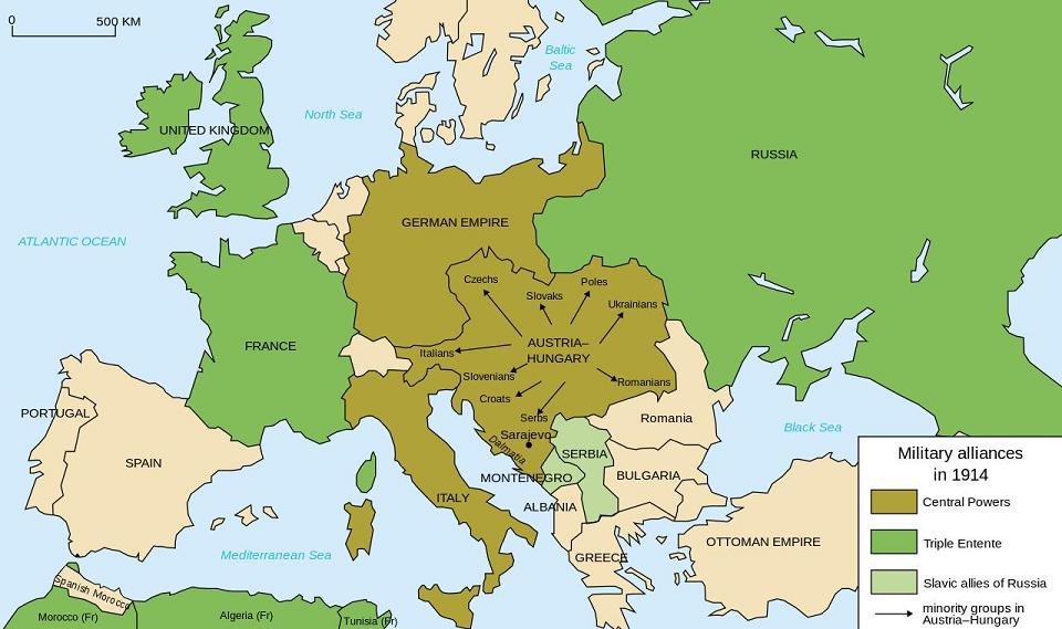 Map of the Europe alliances in 1914